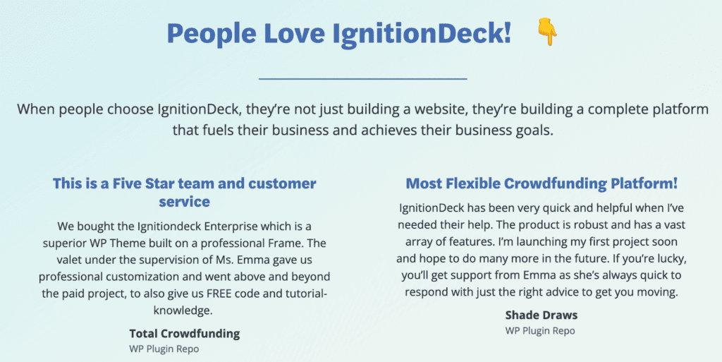 A screenshot of text listing why people love ignitiondeck