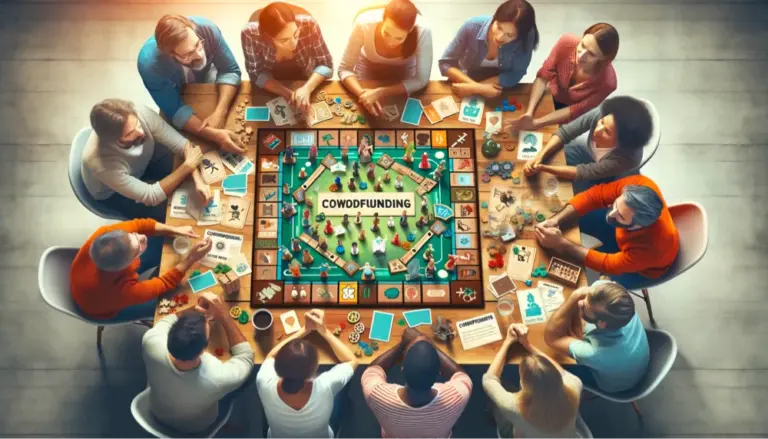 an image of people sitting around a game created from a crowdfunding campaign