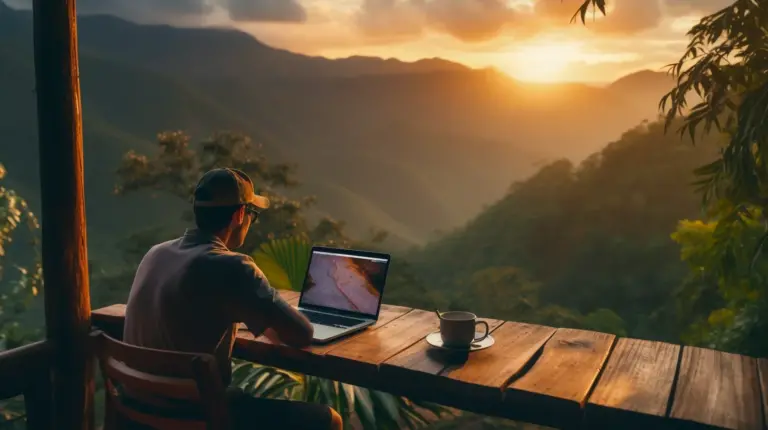 an image of a man sipping coffee on his laptop running his crowdfunding campaign.