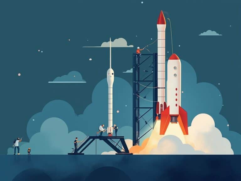 an image of a rocket launchpad illustration with flat colors